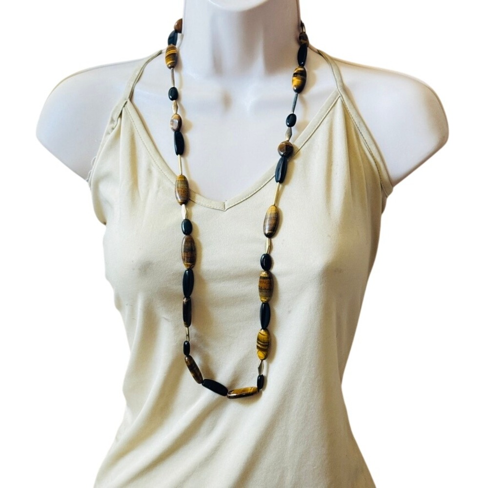 Daisy Fuentes Necklace tiger's eye onyx‎ beads brass beads Genuine designer 36"L